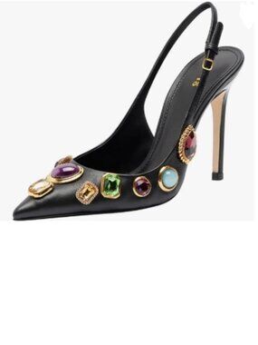 FYS Black Pointed Toe Slip on High Heel Slingbacks Rhinestone Stud Pumps